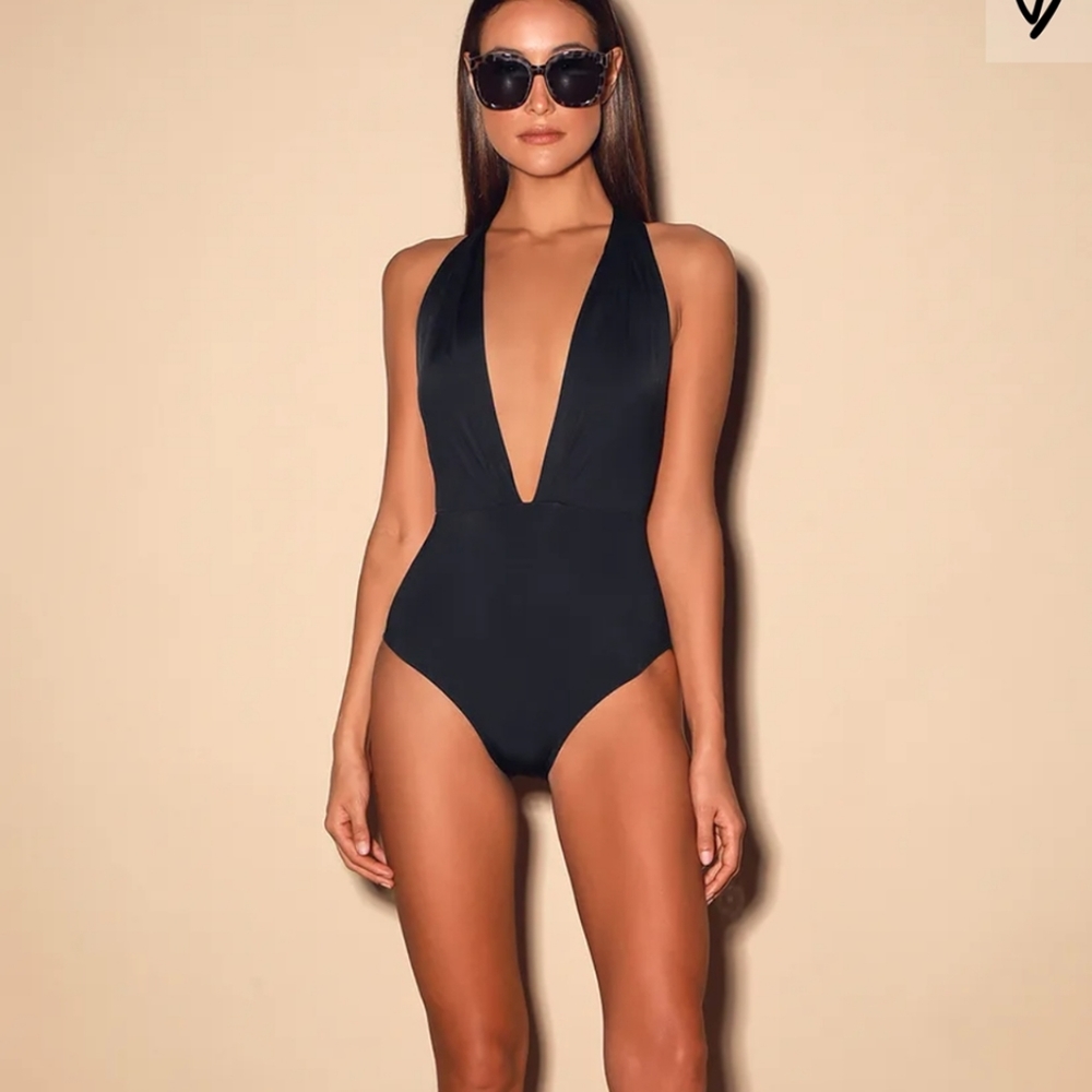Lulu's Deep V Neck Black One Piece Swimsuit